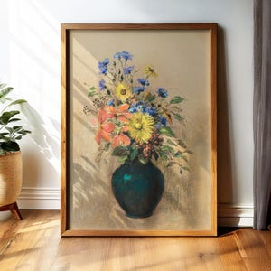 Impresión de arte floral vintage, pintura de jarrón de flores antiguo, arte de pared de naturaleza muerta botánica, decoración rústica para el hogar, póster de arte clásico, regalo para ella