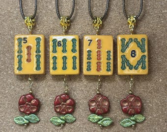 1940-50's Vintage Mahjong Pendant: Bakelite "Rottgames" Tile, with Czech Glass Flower (Incl Necklace)