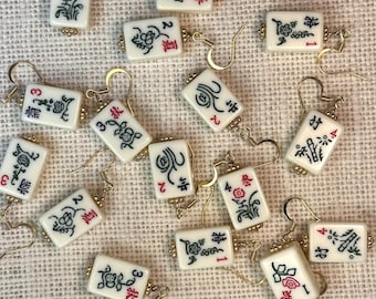 MAHJONG FLOWER EARRINGS: Travel Size Tiles, Decorative Gold Beads, and Nickel Free Earwires