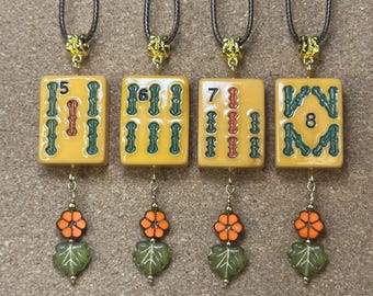 1940-50's Vintage Mahjong Pendant: Bakelite "Rottgames" Tile, with Czech Glass Flower (Incl Necklace)