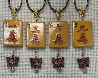 1940-50's Vintage Mahjong Pendant: Bakelite "Rottgames" Tile, with Czech Glass Butterfly (Incl Necklace)