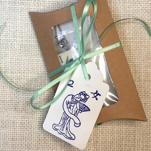 Puede incluir: Una peque&ntilde;a caja de regalo marr&oacute;n con una ventana transparente, atada con una cinta verde claro. En el interior hay un collar plateado. Una etiqueta blanca con una ilustraci&oacute;n azul de una mujer y caracteres chinos est&aacute; adjunta.