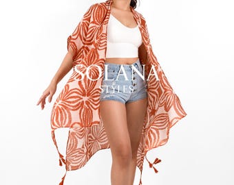 Coral Flower Beach Kimono: Bohemian Viscose Cover-Up
