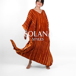 Hand Tie-Dye Rayon Kaftan Dress: Rusty Brown Beach Cover-Up