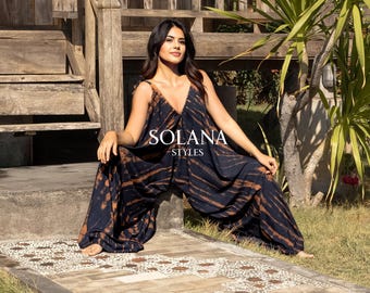 Boho-Haremsanzug, handgefertigter Batik-Palazzo, Loungewear in großen Größen, Festival-Outfit
