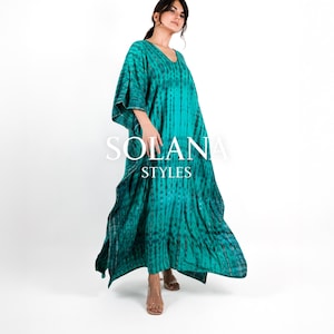 Handgjord tie dye rayon kaftan: blågrön boho maxiklänning, plus size, lös passform