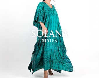 Ręcznie robiony kaftan z wiskozy tie-dye: turkusowa sukienka maxi boho, duży rozmiar, luźny krój