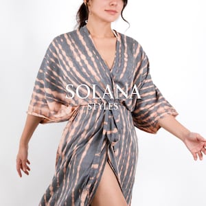 Long Tie Dye Kimono , oversized, unisex kimono robe, stylish, elegant, ibiza, pool party, Beach Cover Up, Gray, Solana Styles