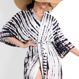 Tie Dye Kimono Robe: Black & Gold Rayon Beach Cover Up, Unisex Kimono