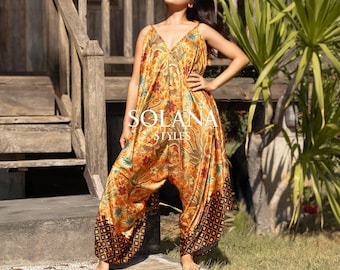 Boho Silk Harem Jumpsuit, Palazzo Resort Wear, Yoga Outfit, Batik Loungewear
