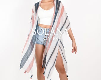Striped Beach Kimono: Bohemian Viscose Cover-Up