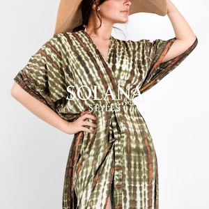 Long Tie Dye Kimono , oversized, unisex kimono robe, stylish, elegant, ibiza, pool party, Beach Cover Up, Dark olive, Solana Styles