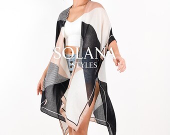 Boho Strand Kimono Cover-Up: Schwarz & Rosa Viskose Oberbekleidung