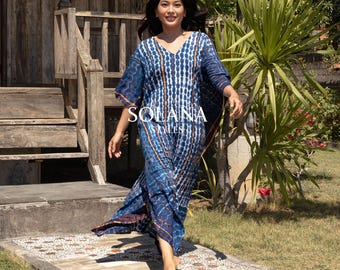 Handgemaakte indigo tie-dye kaftan, maxi-kaftan jurk, boho plus size, oversized