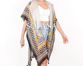 Boho Beach Kimono: Yellow Viscose Swimsuit Cover Up, Outerwear