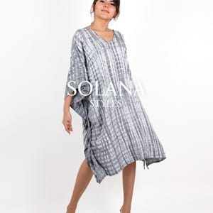 Hand Tie-Dye Rayon Kaftan Dress: White & Gray Beach Cover Up