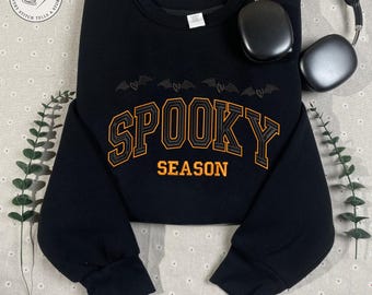 Sudadera de Halloween espeluznante, camisa con murciélagos bordados, suéter bordado acogedor de otoño, camisa de Halloween, estilo murciélago de Halloween