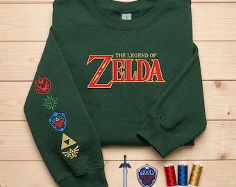 The Legend of Zelda Embroidered Sweatshirt and Hoodie - Sleeve Icons Gamer Crewneck - BotW TotK Nintendo Fan Gift - Unisex Apparel