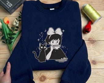 Kiki's bezorgservice hoodie, Jiji Cat-sweater, op Studio Ghibli geïnspireerde hoodie, anime lover cadeau, schattige Kiki crewneck, manga fankleding
