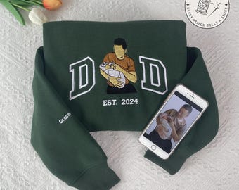 Benutzerdefinierte Vatertag gesticktes Foto-Porträt-Shirt, maßgeschneidertes Vatertags-Sweatshirt, neu Dad Mom, benutzerdefinierter Name auf dem Ärmel mit Herzen
