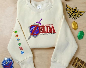 Embroidered Zelda Ocarina of Time Sweatshirt, Hylian Shield Crewneck, Triforce Shirt, Legend of Zelda Fan Gift, Gamer Apparel