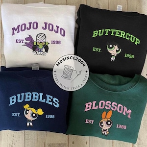 Embroidery Powerpuff Girls Character Sweatshirt, Cartoon Shirts, Trending Crewneck, Gift For Friends, Buttercup, Blossom, Bubbles Shirt