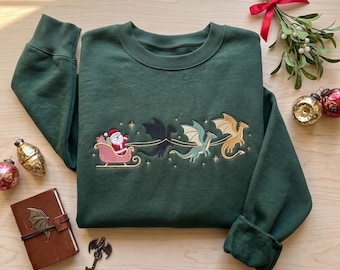 Fourth Wing Christmas Sweatshirt, Embroidered Dragon Sleigh Holiday Sweater, Fantasy Bookish Merch, Dragon Rider Gift, Booktok Crewneck