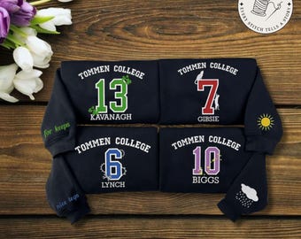 Custom Embroidered Tommen College Sweatshirt, Personalized Boys of Tommen Shirt, Bookish Merch Gift, Kavanagh 13, Lynch 6, Gibsie 7, Biggs10