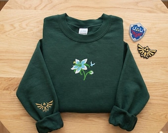 Silent Princess Flower Embroidered Sweatshirt, Zelda Gamer Gift, Triforce Hero Pullover, Hyrule Aesthetic Apparel, Cute Gaming Sweater