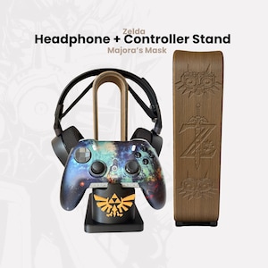 Wooden Controller Holder | Zelda Controller & Headset Stand | Single or Dual | Carved Majora&#39;s Mask