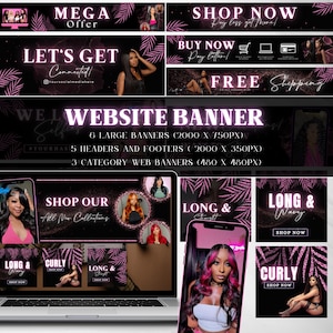 DIY Hair Website Banner Kit| Black and Pink Hair Extensions Wig Boutique Store Design| Shopify Site Beauty Artist Hair Nail Boutique website
