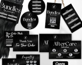 Editable Hair Tag Template Bundle, DIY Hair Bundle Tag Template, Hair thank you card, Hang Tag, Aftercare, Loyalty Card, Canva Template