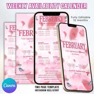 Weekly Availability Time Slots Instagram Story, February Available Appointments Calendar, Instagram Story Schedule Template, Canva Editable