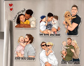Personalized Dad Photo Magnet, Custom Portrait From Photo Dad And Kids Magnet, Fathers Day Gift For Dad, Gift For Husband, New Dad Gift