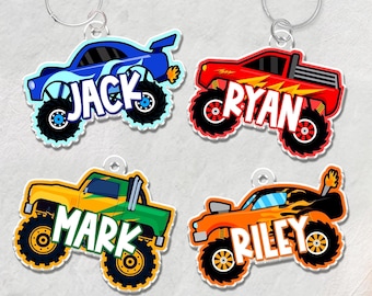 Etiqueta identificativa para mochila de Monster Truck para niños, etiqueta de acrílico personalizada, llavero para mochila infantil de Monster Truck, etiqueta para bolso de pañales, regalo de regreso a clases