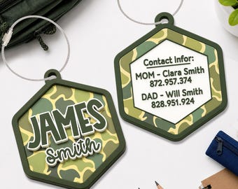 Personalized Camo Daycare Name Tag, Custom Backpack Name Tag for Kids Boys, Diaper Bag Tag, Camo Acrylic Keychain for Boys, Kids ID Tag