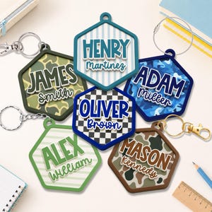 Custom Camo Backpack Name Tag, Backpack Keychain Gift for Kids Boys, Diaper Bag Tag, Camo Acrylic Keychain for Boys, Back To School Gift zdjęcie 12