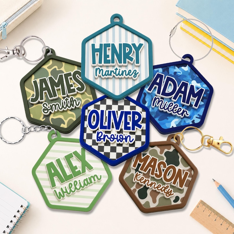 Custom Camo Backpack Name Tag, Backpack Keychain Gift for Kids Boys, Diaper Bag Tag, Camo Acrylic Keychain for Boys, Back To School Gift zdjęcie 12