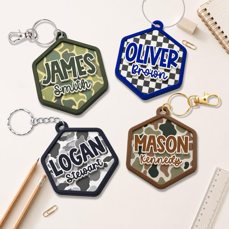 Custom Camo Backpack Name Tag, Backpack Keychain Gift for Kids Boys, Diaper Bag Tag, Camo Acrylic Keychain for Boys, Back To School Gift zdjęcie 9