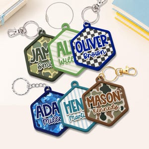 Custom Camo Backpack Name Tag, Backpack Keychain Gift for Kids Boys, Diaper Bag Tag, Camo Acrylic Keychain for Boys, Back To School Gift zdjęcie 11
