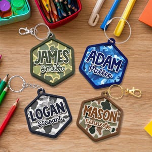 Custom Camo Backpack Name Tag, Backpack Keychain Gift for Kids Boys, Diaper Bag Tag, Camo Acrylic Keychain for Boys, Back To School Gift zdjęcie 4