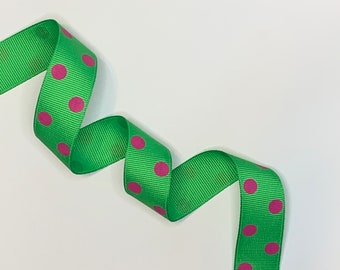 7/8 inch wide Hot Oink Polka Dots on Lime Green Grosgrain Ribbon