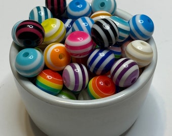 10 mm Multi Color Stripe Mix Lot Acrylic Beads for Crafts Jewelry keyChains and More