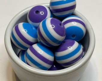 Bubblegum Beads Blue Purple and White Stripe 20mm Chunky Bead Acrylic Beads for Necklace Bracelet