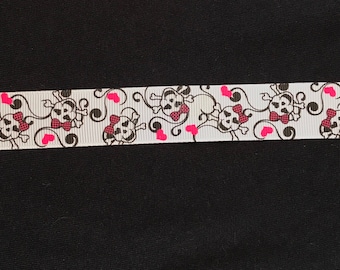 5/8  inch Girlie Skull and Cross Bones Hot Pink Black check Bow Fushia Hearts  Black Scrolls for bow making crafts scrapbooking trim etc