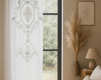 Embroidered Sheer Curtain Panel, Custom Size Tulle Drapery, Luxury Lace Look, 200x300 cm - LENA