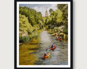 San Antonio River Kayaks Art Print: Texas Landscape Giclée