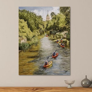 Kajaks op de rivier de San Antonio – Fine Art landschapsprint | Niet ingelijste giclée | Texaanse muurkunst naar origineel schilderij