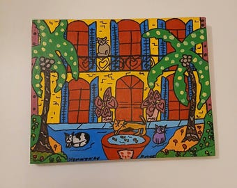 Cat Painting Original Folk Art, Key West Hemingway House Cats, Feline Wall Decor Canvas, Gift for Cat Lover Mom, Cat art, Cat decore, Cats