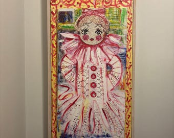Originales, skurriles Pierrot-Clown-Gemälde, farbenfrohe Mixed-Media-Volkskunst auf Leinwand, gerahmt, naive Wanddekoration, signiert